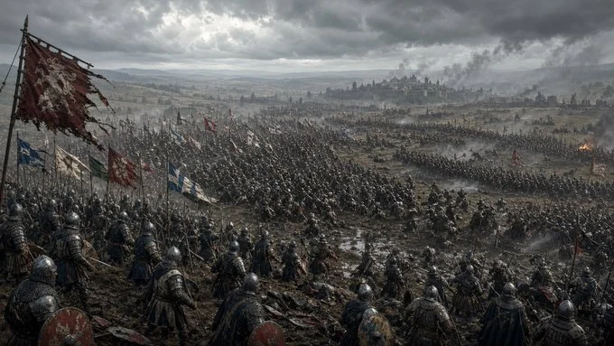 Epic Medieval Battlefield Panorama with sequential panels, clear scene planning and cinematic visual flow