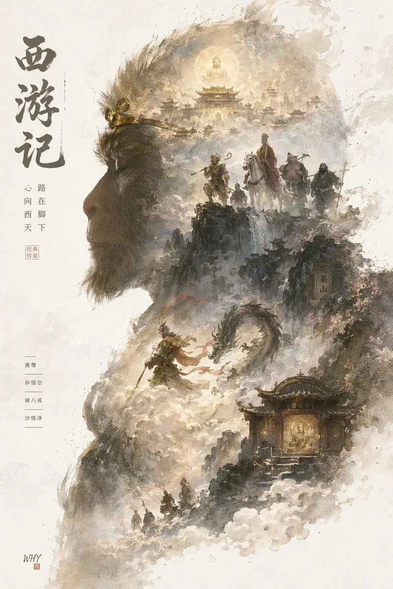 A majestic silhouette of a mythical figure blends with a dreamlike watercolor landscape, depicting classic scenes and characters
