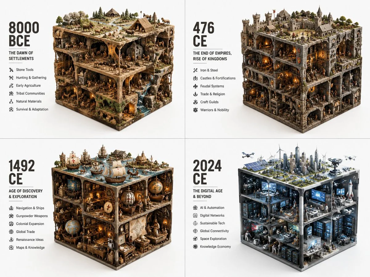 GPT Image 2 prompt example showing a 2x2 era cube grid comparing ancient, medieval, early modern, and contemporary worlds