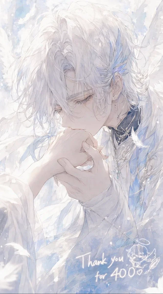 Soft pastel anime illustration of an angelic young man kissing a hand for a thank-you artwork