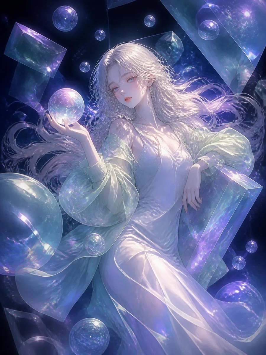 An ethereal young woman with long silvery hair floats in a dark cosmic void, surrounded by translucent glass objects and shimmering bubbles.