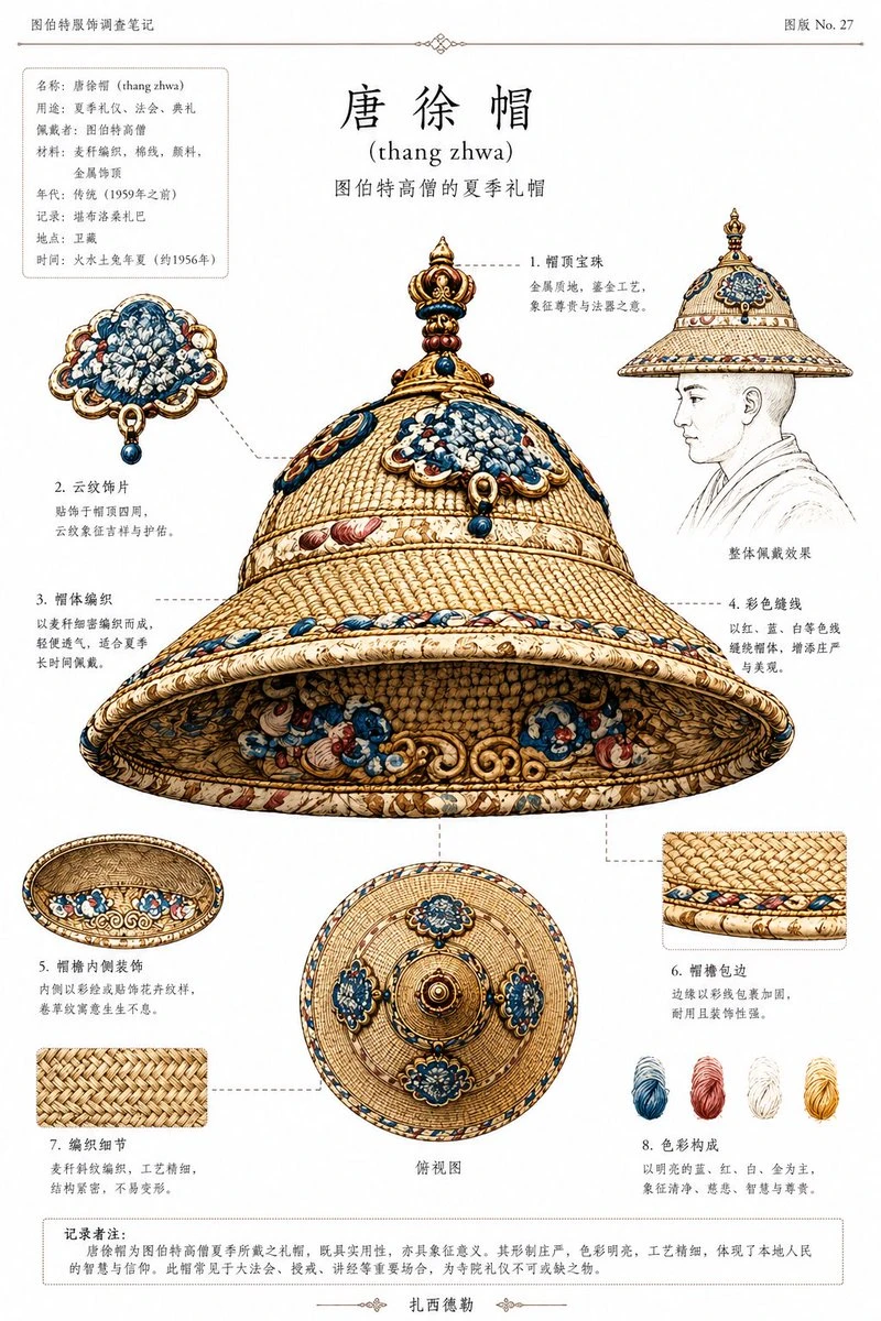 A detailed illustration of a Tibetan ceremonial hat with labeled parts on a white background.