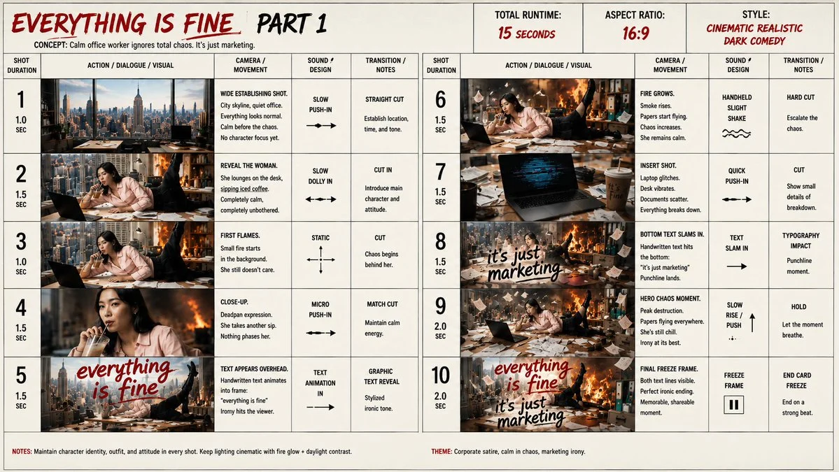 Everything Is Fine Storyboard Sheet with sequential storytelling, expressive character design and cinematic panel composition