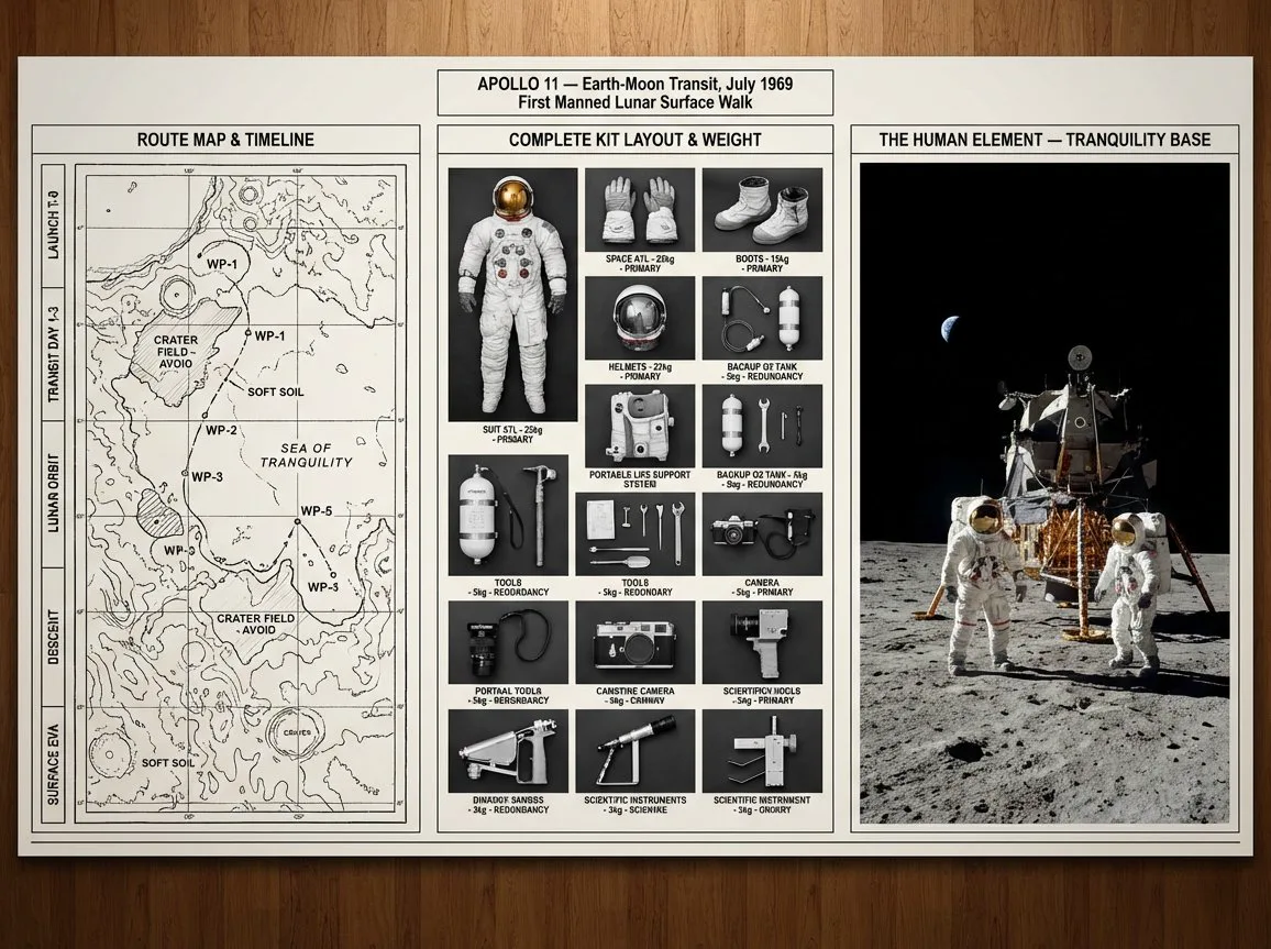 Expedition planning command board with route map, organized gear flat lay, and destination panel