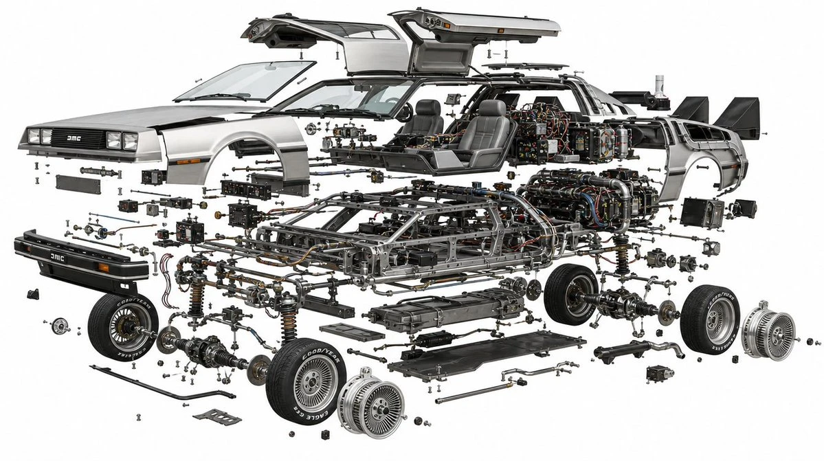 An exploded view of a vehicle showcases its internal structure with all mechanical parts suspended and aligned against a white background