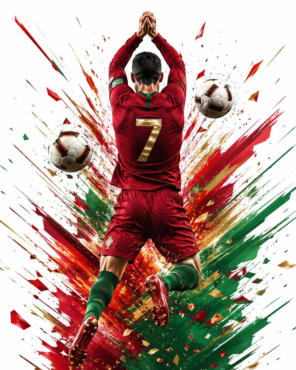 Wide soccer poster with a color-streak explosion effect and dynamic celebration composition