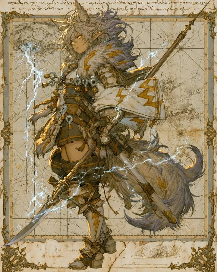 Fantasy Fox Spirit Warrior Concept Art with fox-ear warrior design, lightning effects and ornate fantasy gear