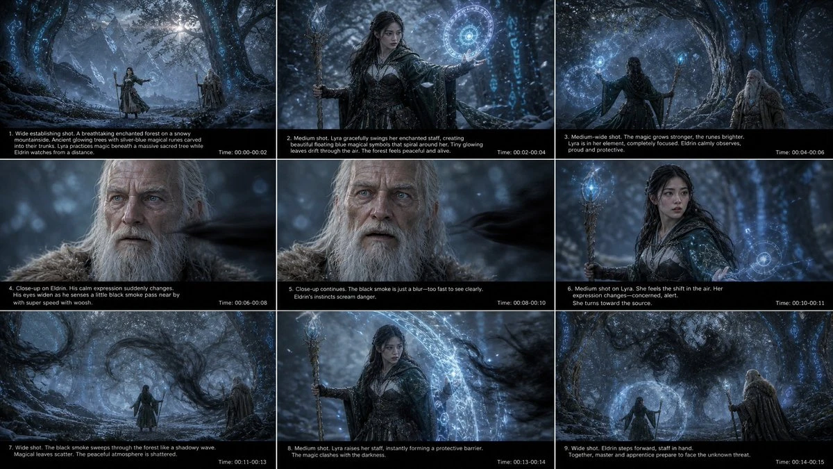 Fantasy mage storyboard grid with snowy forest panels, blue magic effects and cinematic scene captions