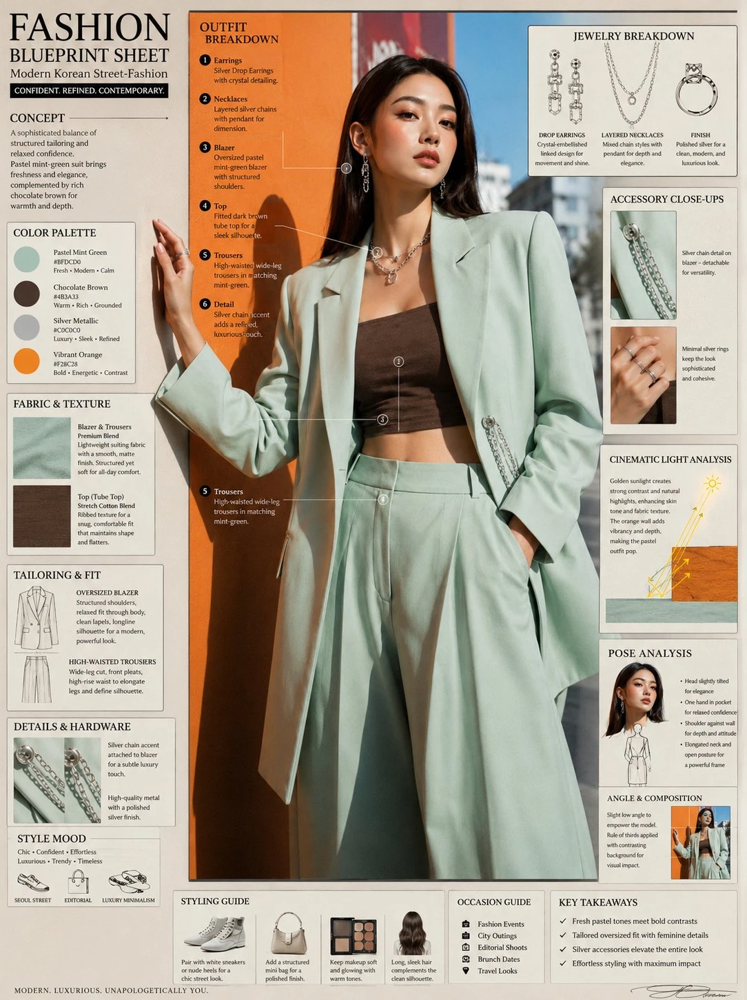 A stylish young woman poses confidently beside a bright orange wall, showcasing a mint-green blazer and detailed fashion annotations
