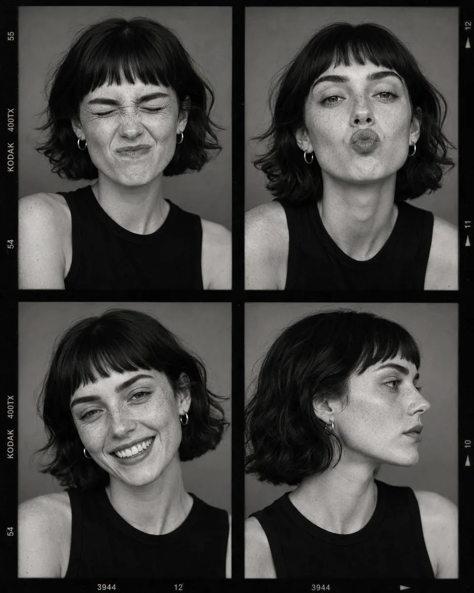Fashion casting contact sheet with multiple portrait frames of one model, editorial lighting and consistent styling notes