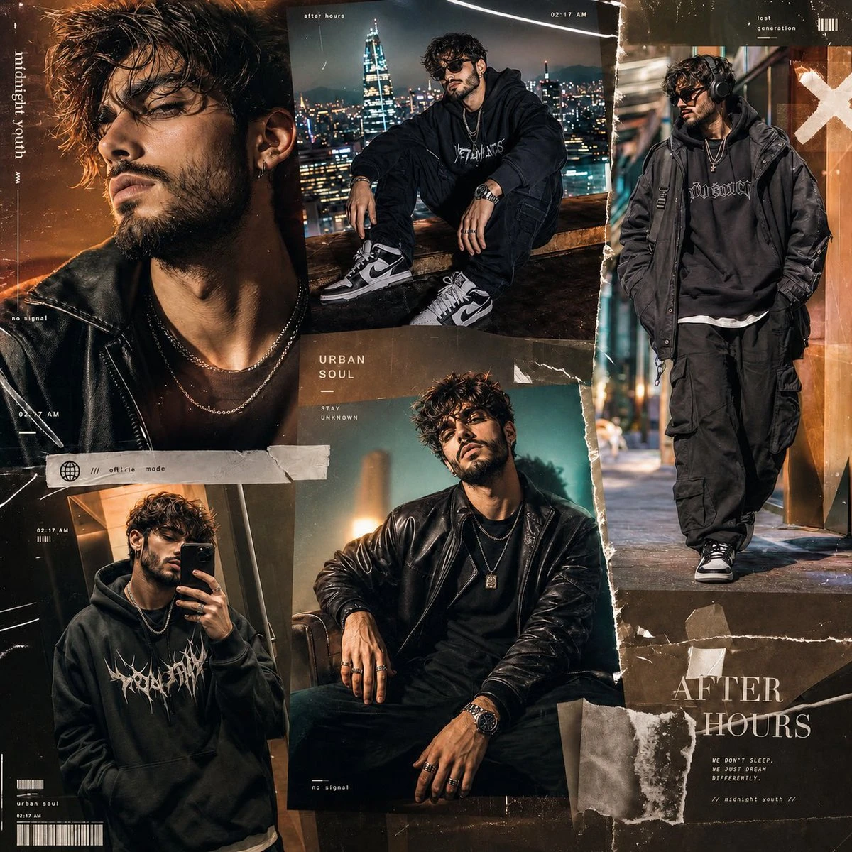 A young bearded male model showcases various cinematic portrait styles in a bold, dark fashion collage featuring luxury streetwear