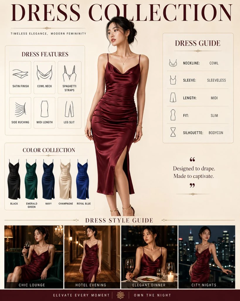 A young Asian woman models a wine-red satin midi dress in a multi-panel fashion infographic highlighting dress features and color options