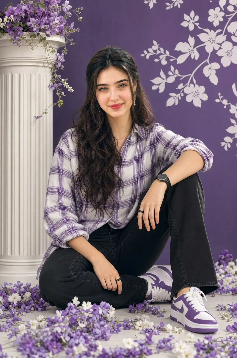 Fashion Studio Portrait with Floral Accents with realistic portrait lighting, expressive subject detail and polished editorial photography