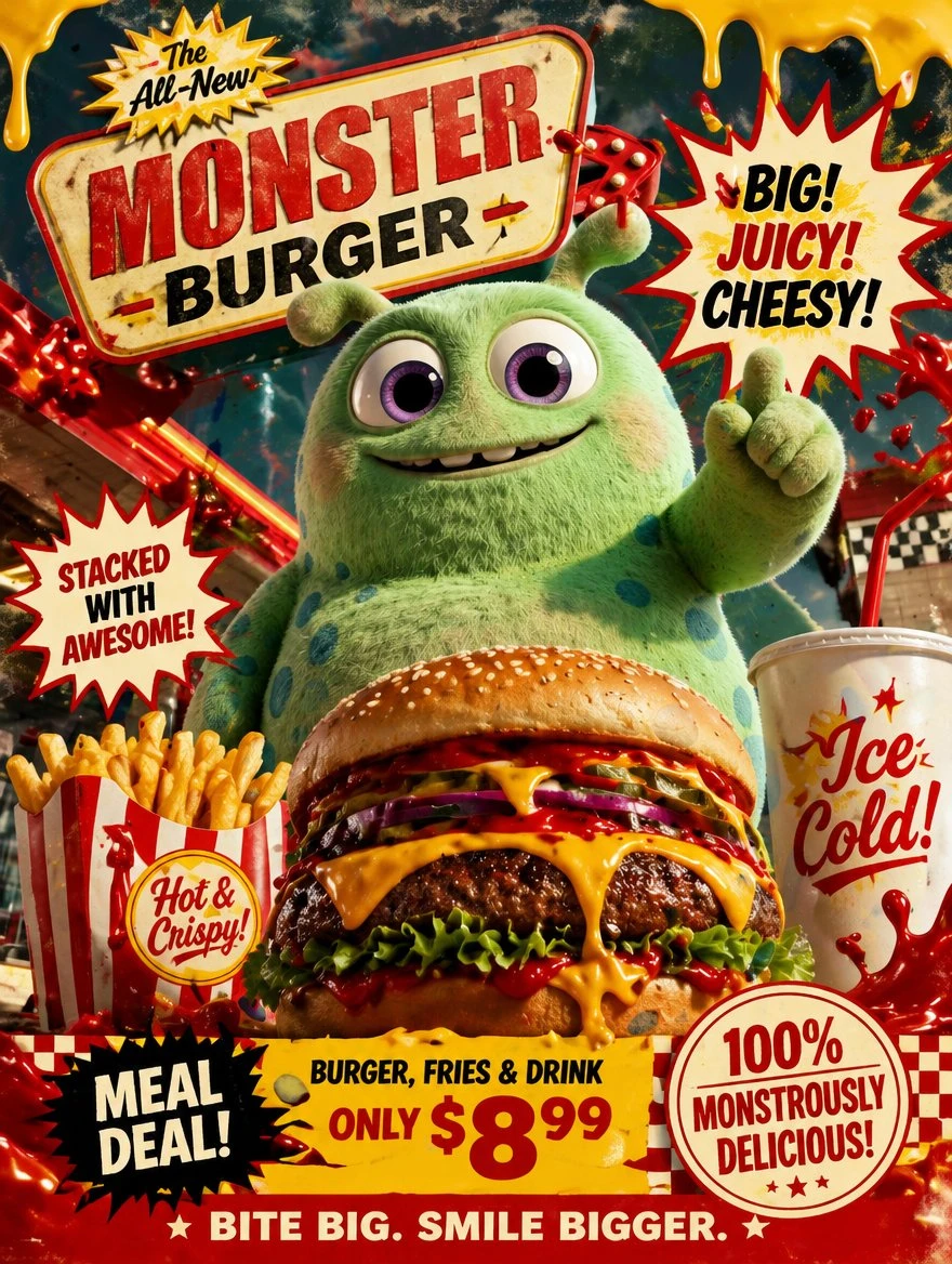 A cheerful green monster character promotes the Monster Burger in a vibrant, retro diner-style poster featuring bold typography and colorful graphics