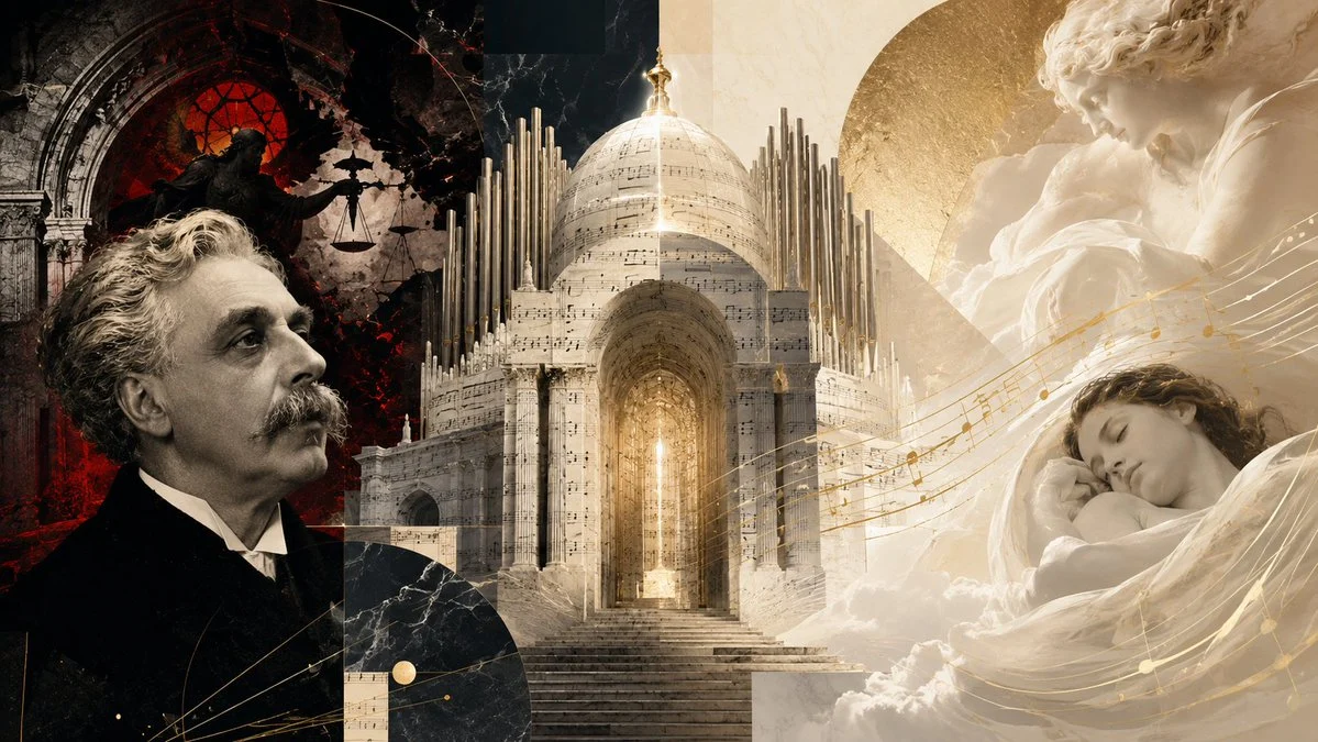 Faure Requiem Sacred Collage with composer portrait, requiem symbolism and cinematic sacred art zones