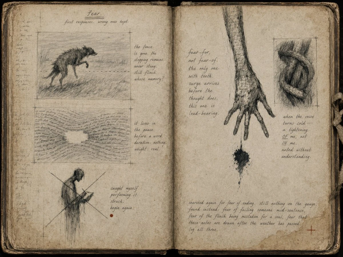Fear Sketchbook Spread with detailed character design, storyboard structure and dramatic illustration depth