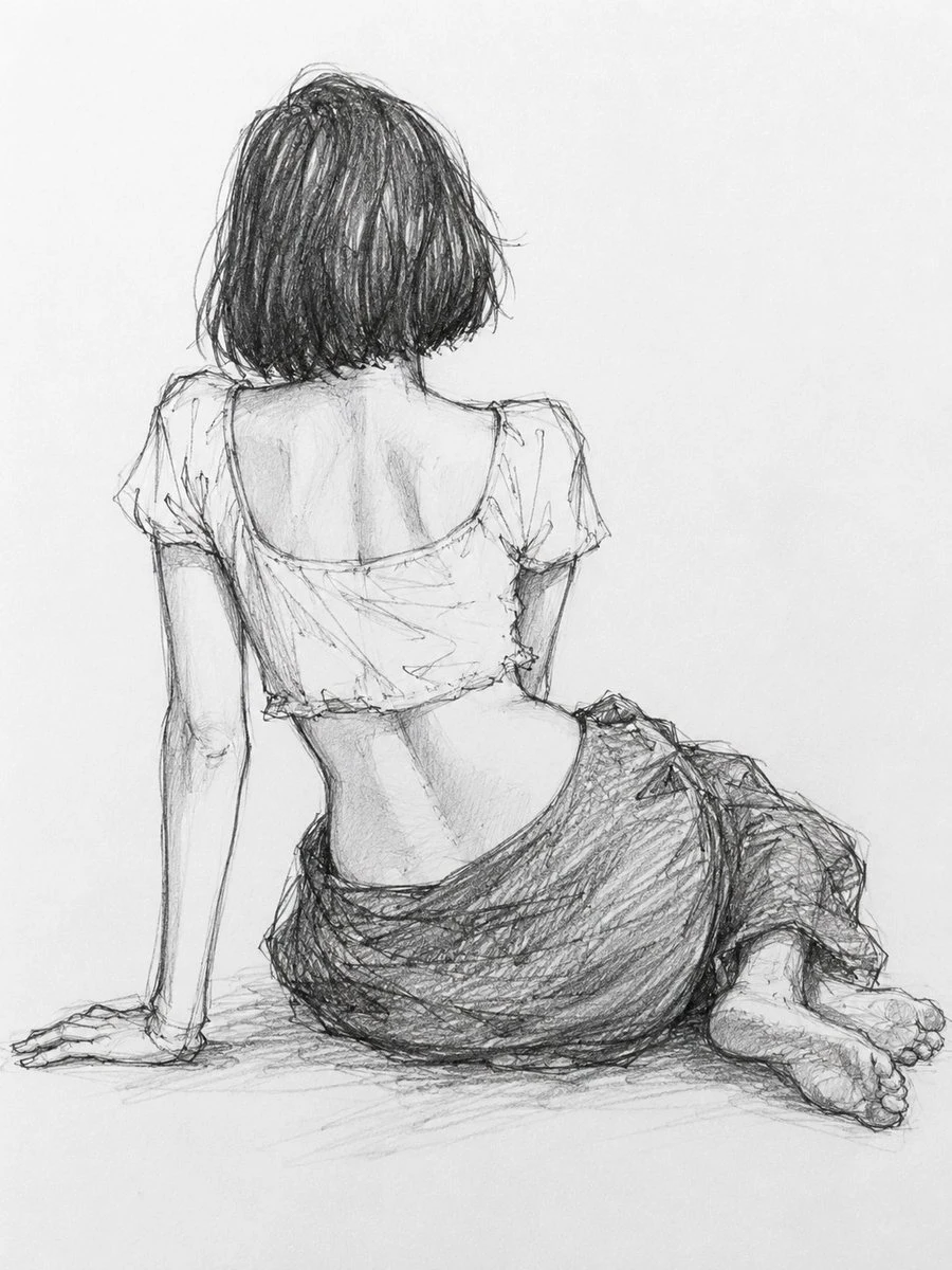 Pencil gesture sketch of a female figure, emphasizing pose, proportion, and expressive line work on a clean page.