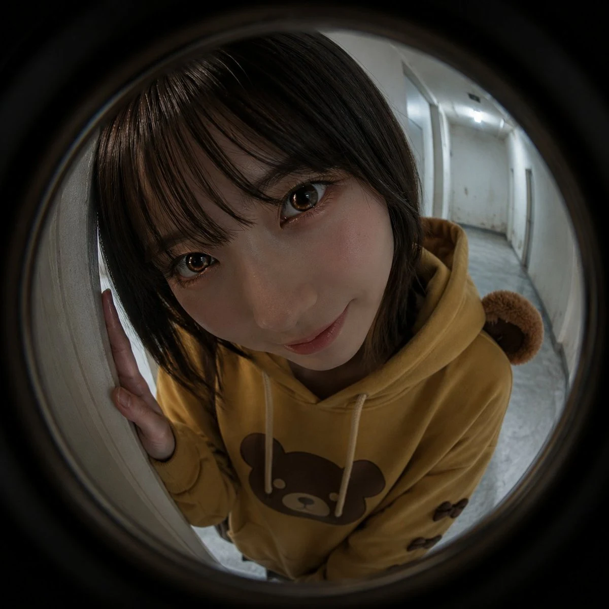 Fisheye Peephole Hoodie Portrait: social media prompt preview with platform-ready composition and clear design.