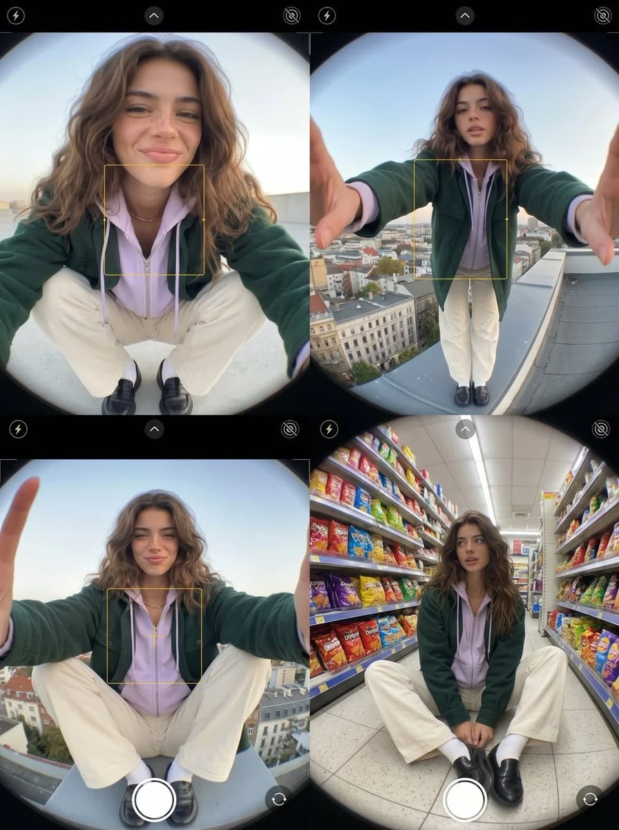A fashion diary triptych of fisheye smartphone photos showing streetwear poses, wide-angle distortion, and casual styling