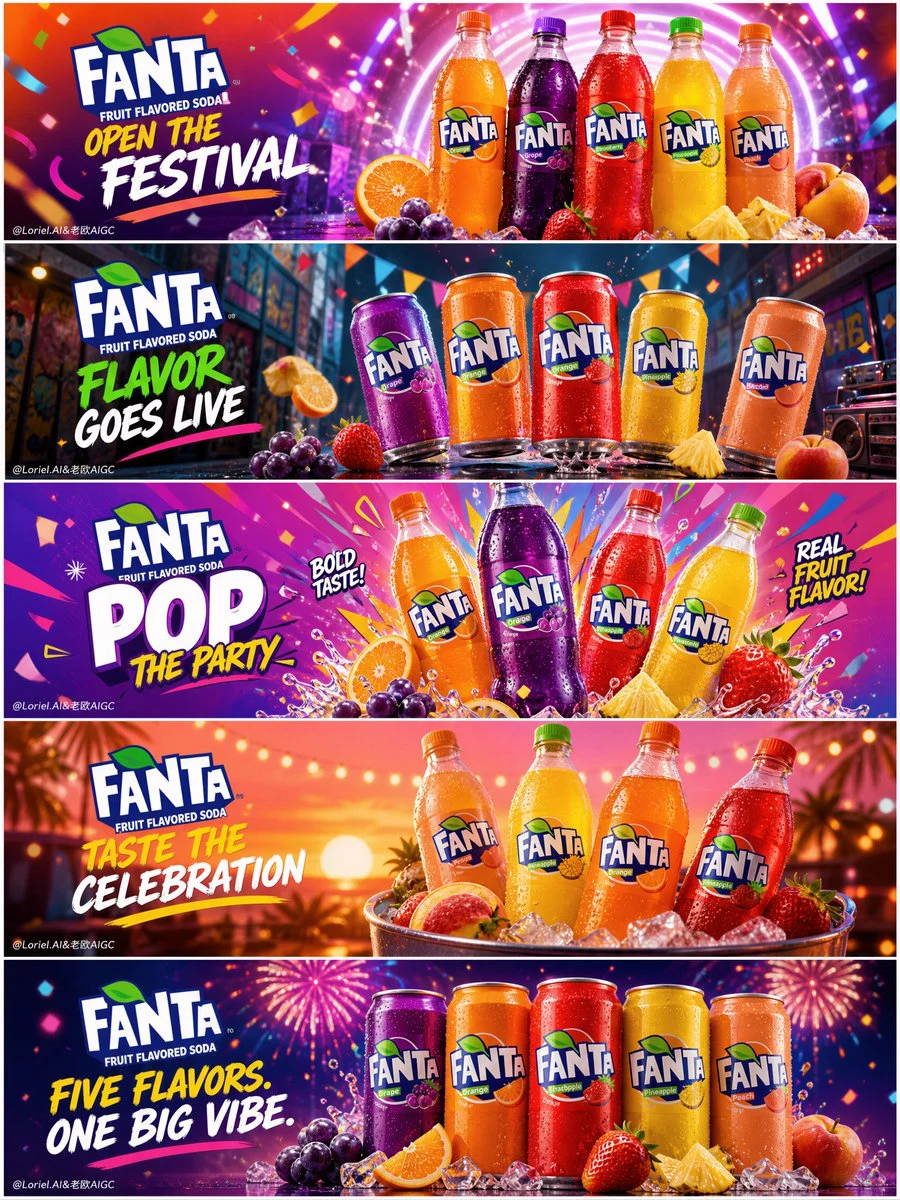 Five-Panel Beverage Marketing Campaign: product ad preview with campaign styling and polished commercial composition.