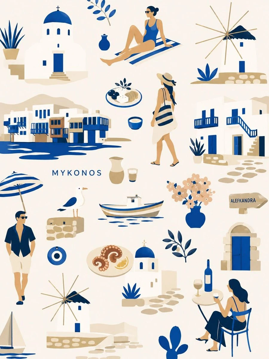 A seamless flat-vector collage features iconic Mykonos landmarks, local culture, and vacation scenes in a blue and beige color palette