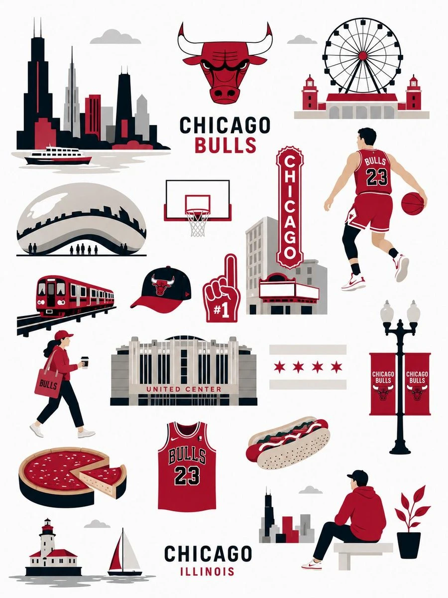 A seamless flat-vector illustration features Chicago Bulls themes, including iconic landmarks, local culture, and sports elements in a collage style