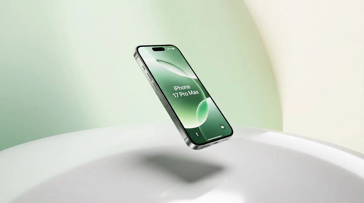 Premium floating iPhone product shot above a glossy pedestal in a pale mint studio setting