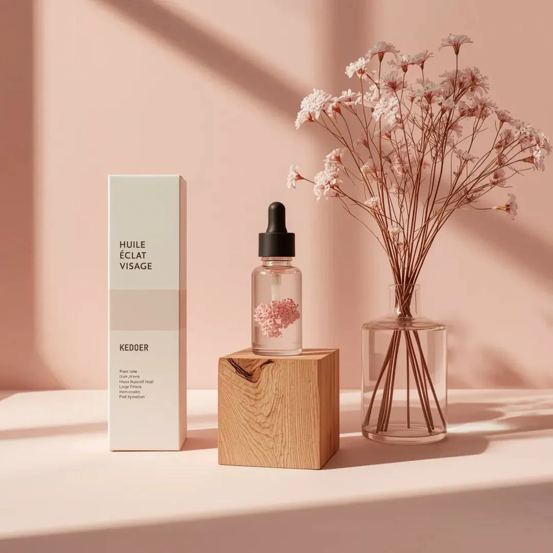 Minimal pink skincare product shot with facial serum dropper bottle, white box, flowers and soft studio shadows