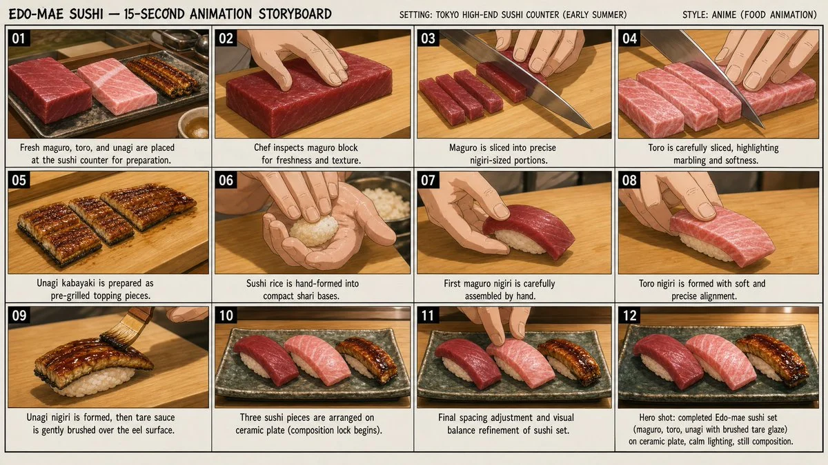 Anime storyboard sheet for Edo-style sushi preparation with cooking panels, chef hand techniques and polished food animation continuity