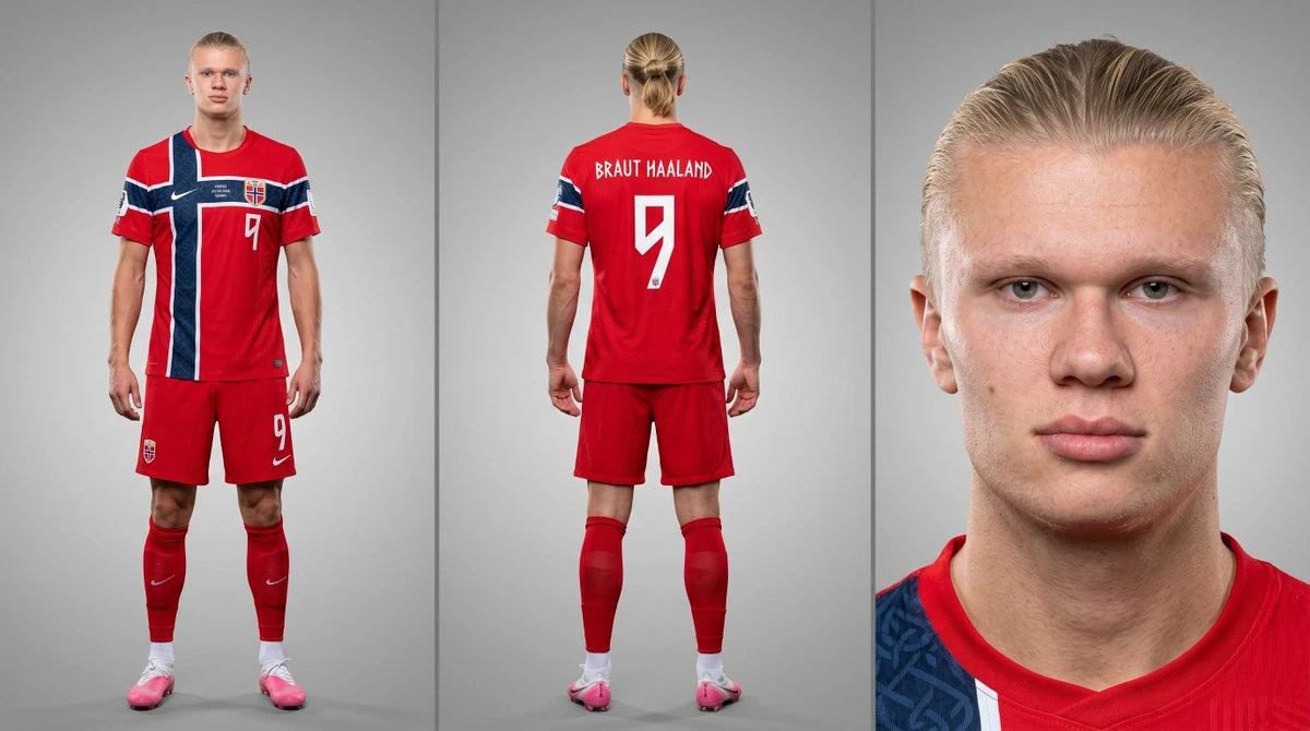 Footballer triptych character card showing front, back and close-up studio views in a red national kit