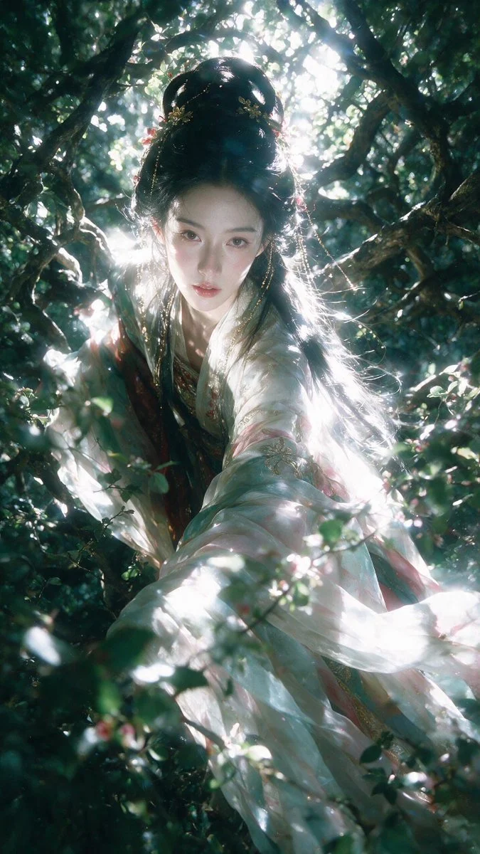 Fantasy forest goddess in flowing hanfu surrounded by lush green foliage