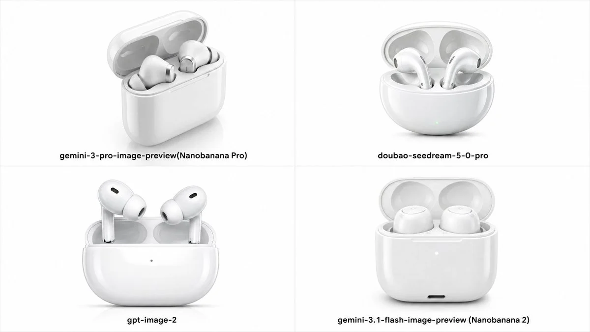 Four-Model Earbud Product Comparison ecommerce visual with clean product presentation, shop-ready composition and detailed styling