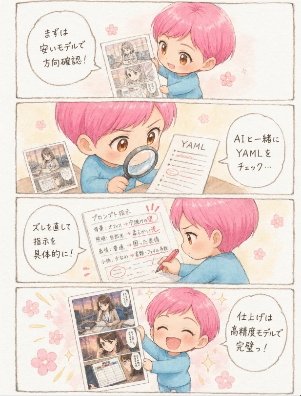 Four-panel AI manga workflow comic with a chibi mascot, watercolor panels, and step-by-step creative process storytelling.