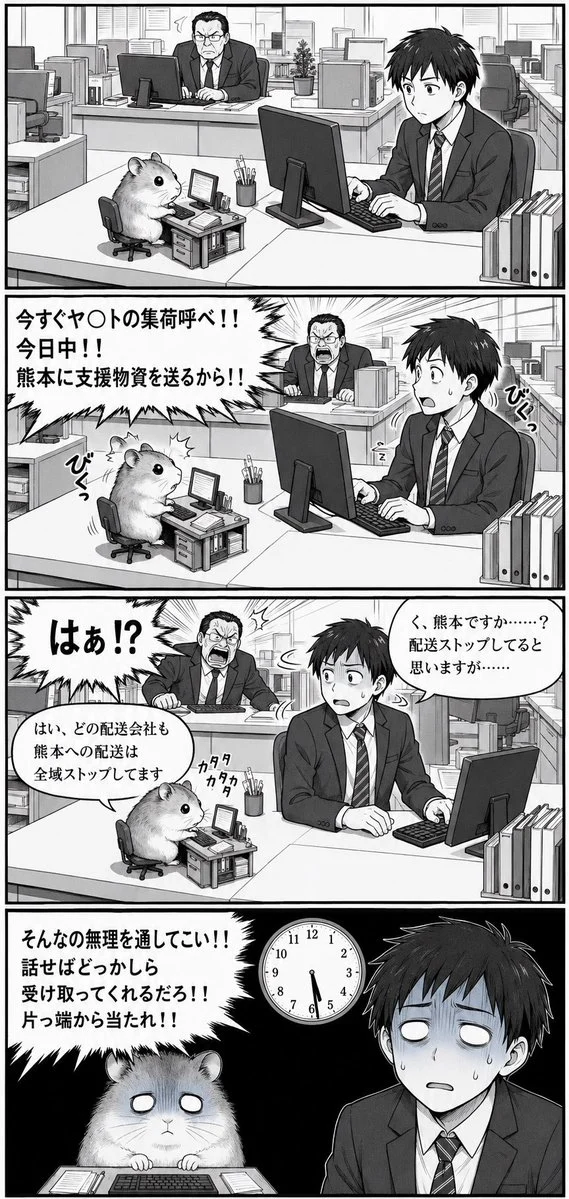 Four-Panel Office Hamster Manga with sequential panels, clear scene planning and cinematic visual flow