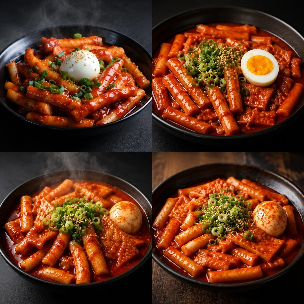 Photorealistic 2x2 comparison grid of four spicy Korean tteokbokki bowls with clean dividers