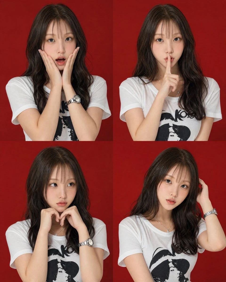 Four-pose editorial portrait grid showing consistent framing and studio lighting