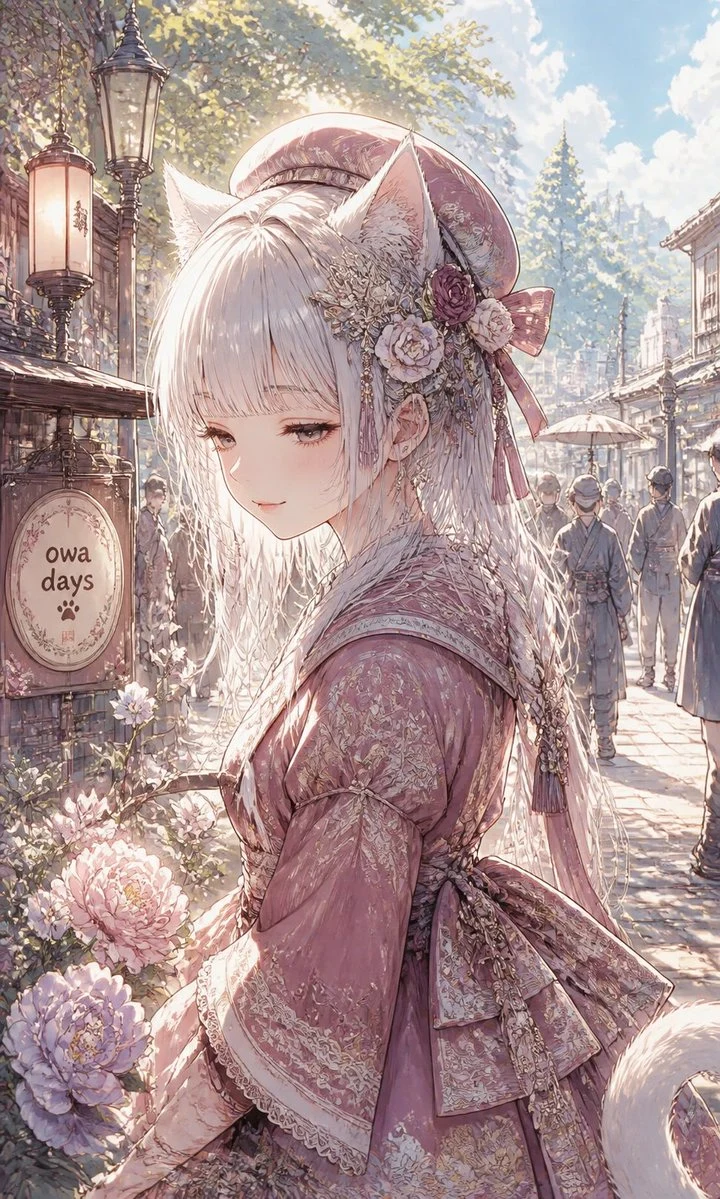 Fox-Eared Girl on Sunlit Market Street portrait visual