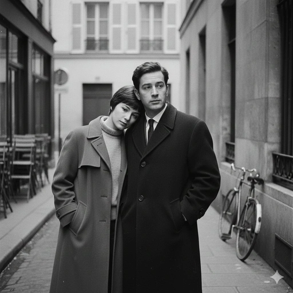 French New Wave inspired film still with cinematic street mood, retro styling and grainy editorial composition