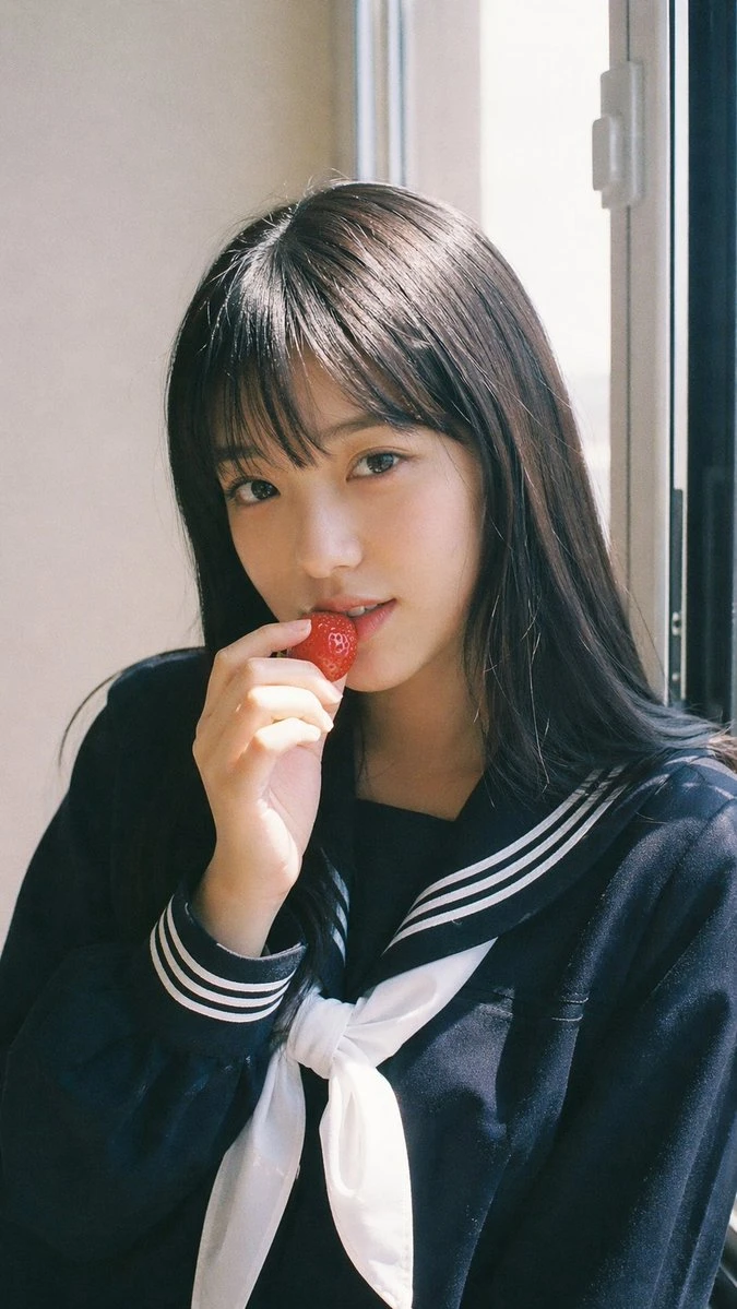 A young Japanese female idol in a sailor-style school uniform holds a strawberry near her lips, bathed in soft natural light
