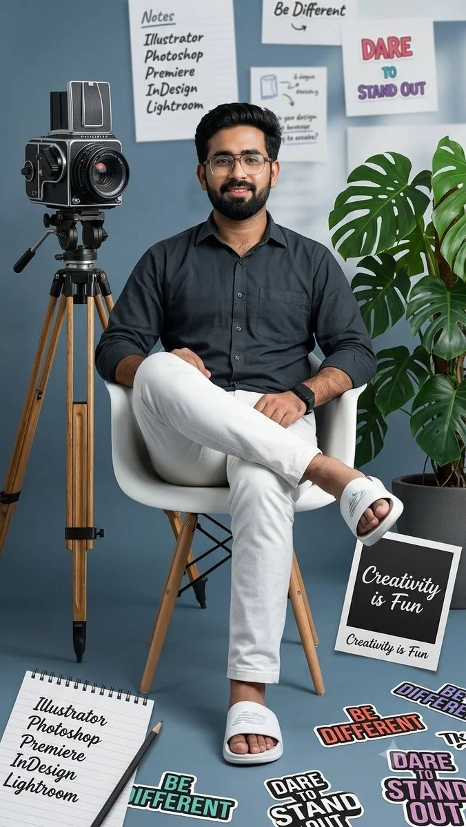 Full-body studio fashion portrait of a man posed on a white chair against a clean minimal backdrop