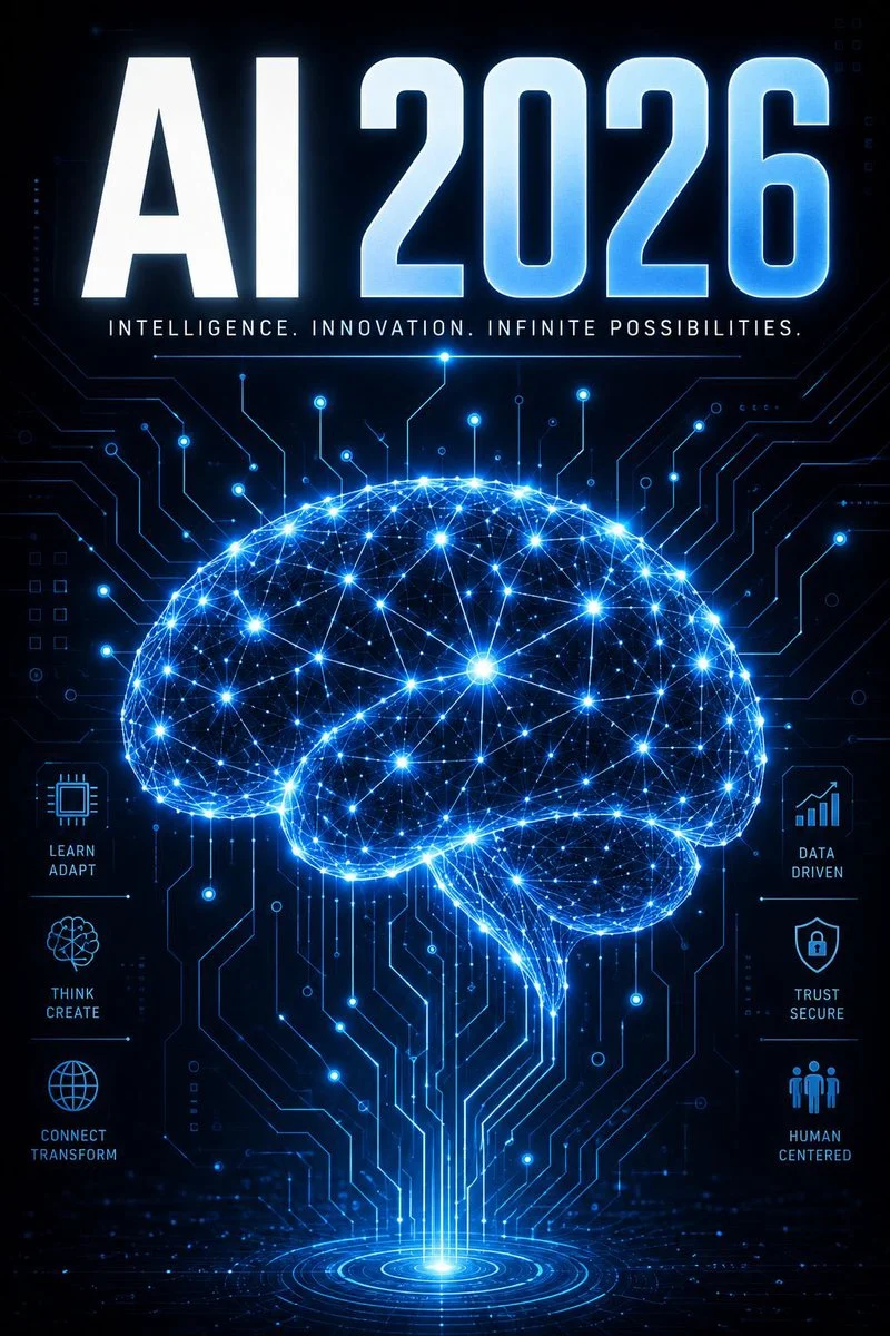 Futuristic AI 2026 Tech Poster with structured callouts, clean hierarchy, and educational poster layout