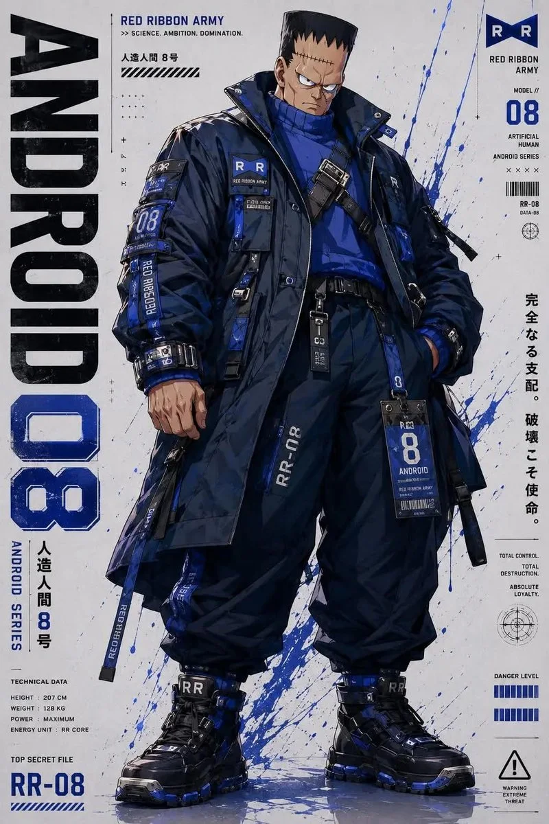 A highly detailed production sheet for reimagining anime characters as modern cyberpunk tactical operatives with techwear fashion and industrial graphics
