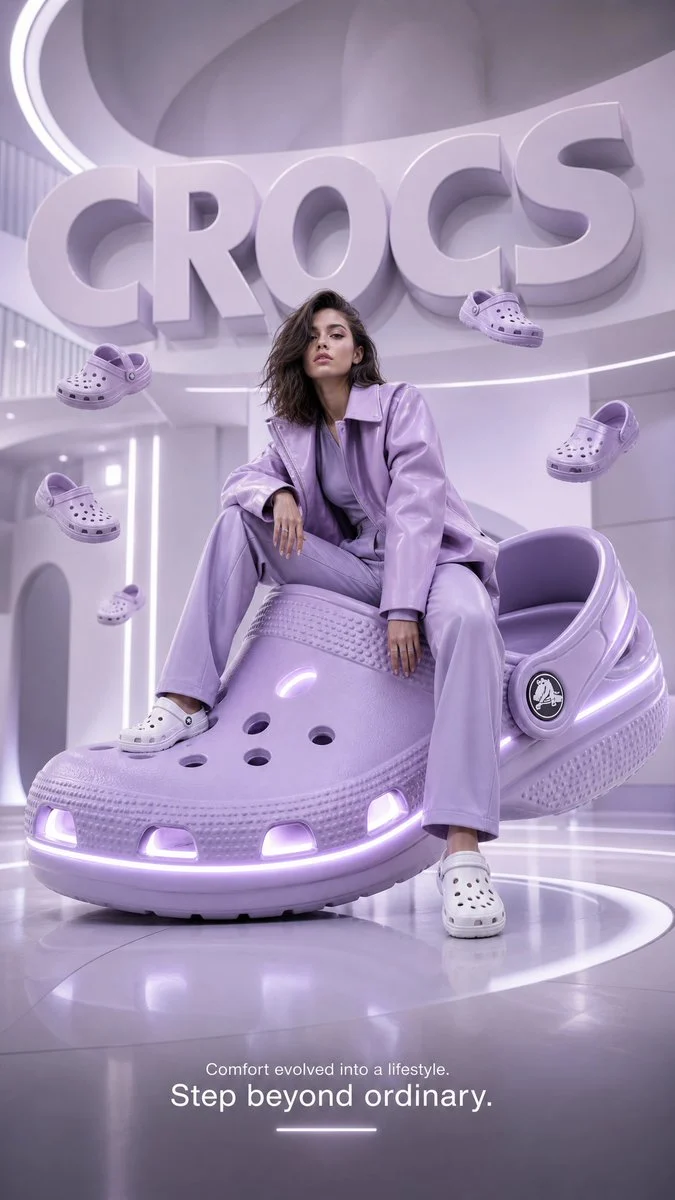 Futuristic Crocs Fashion Advertising Poster with campaign-ready composition, brand-focused styling and premium commercial lighting
