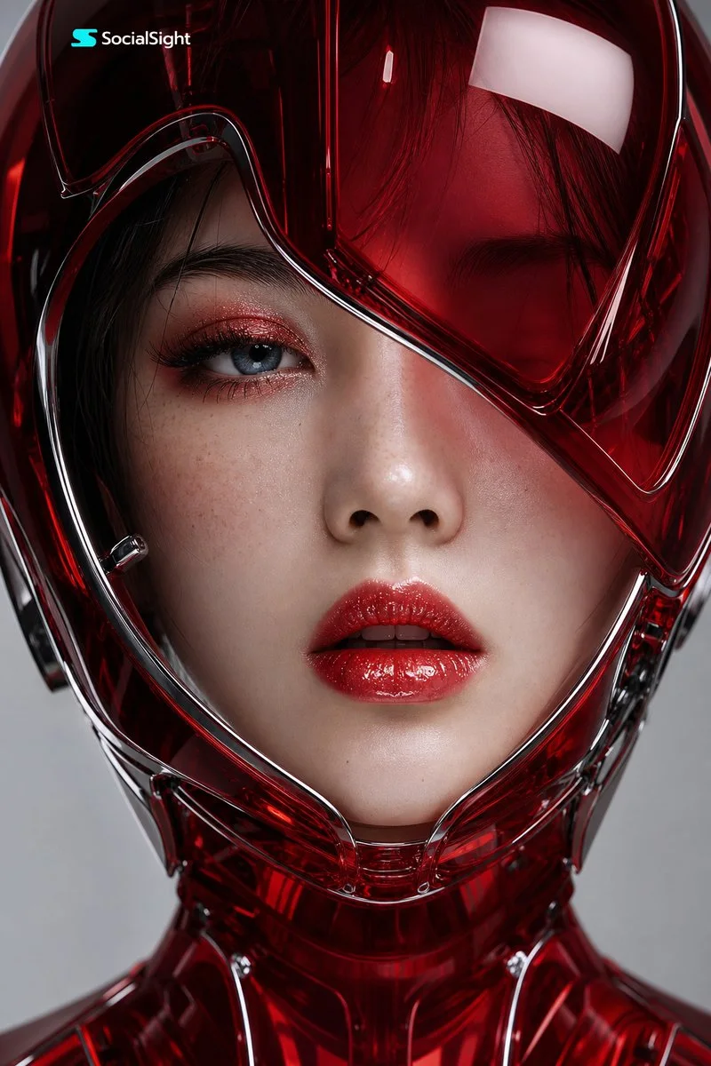 A close-up portrait of a woman in a glossy crimson cyber helmet, featuring porcelain skin, blue-gray eyes, and glossy red lips.
