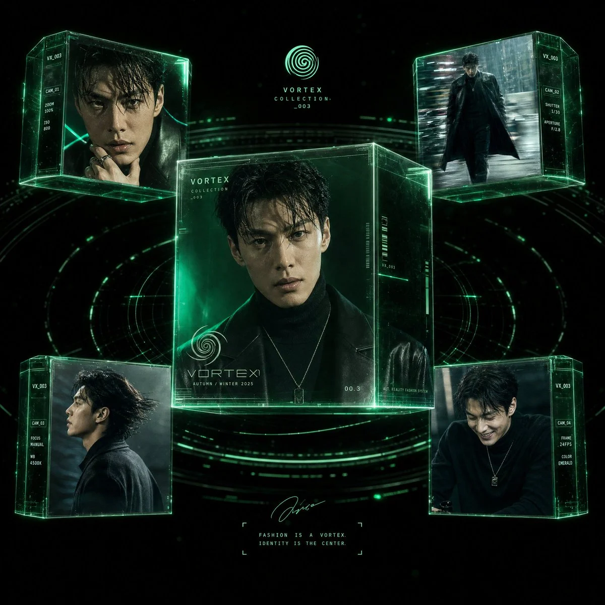 Hyper-realistic cyberpunk fashion editorial poster inside a holographic VORTEX COLLECTION UI system