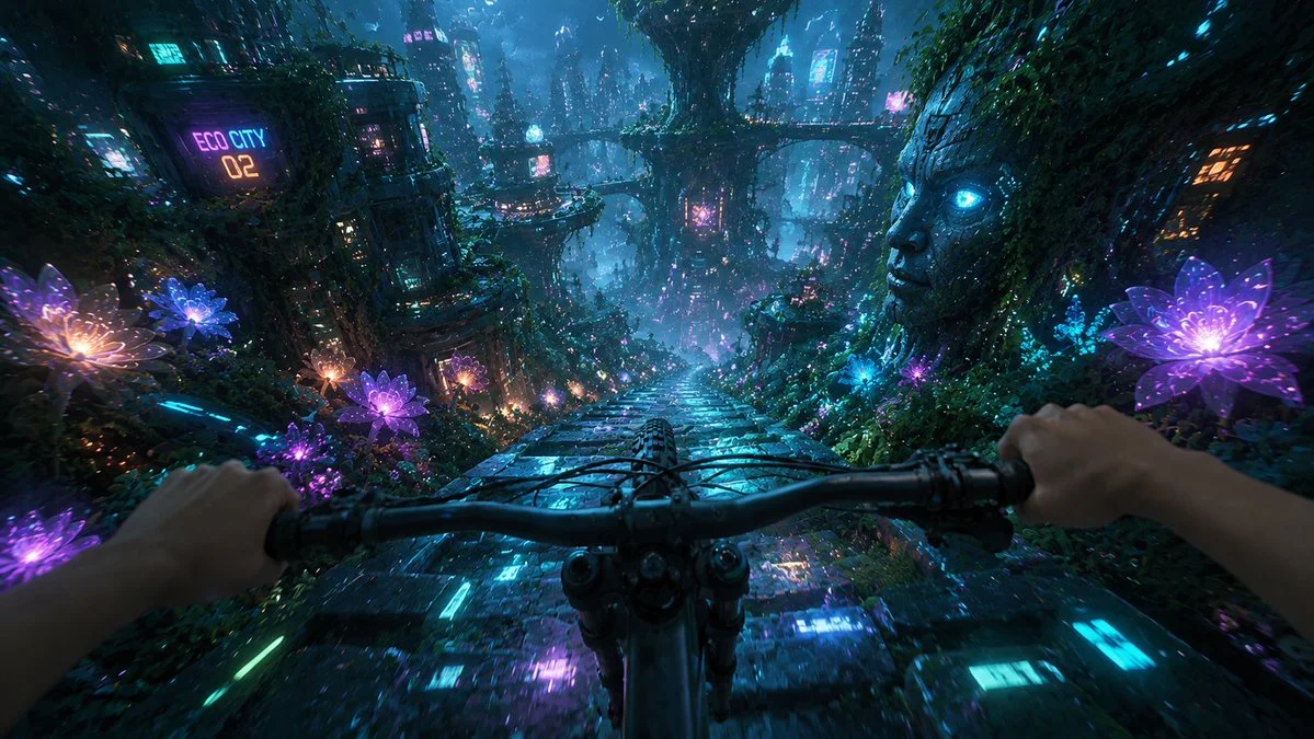 First-person perspective of a mountain bike descending through a vibrant, futuristic eco-cyber forest city illuminated by glowing flowers.