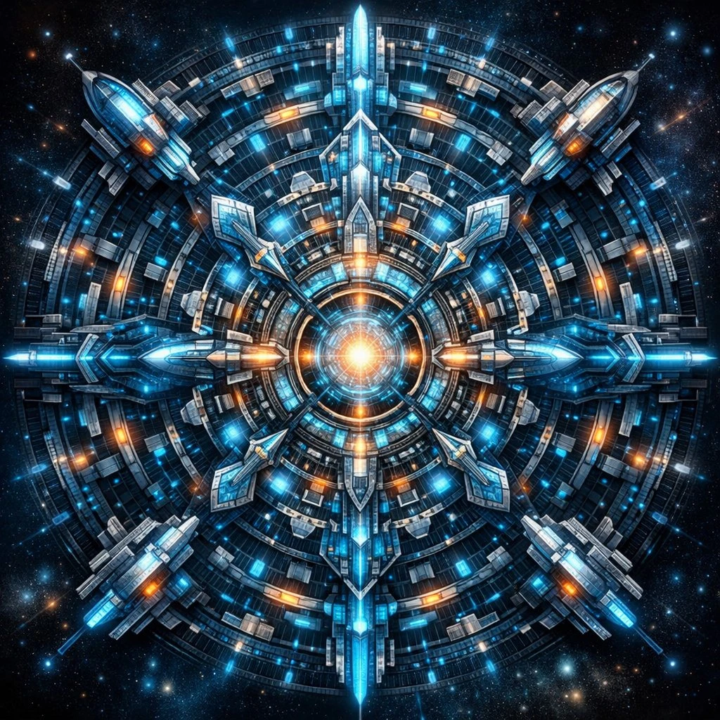 A futuristic mandala design features intricate geometric patterns and glowing blue and orange spacecraft set against a starry background