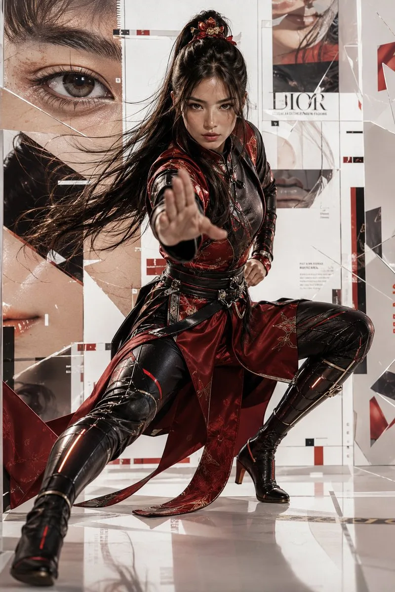 Futuristic martial arts heroine in red and black armor lunges through a glossy mixed-media fashion editorial layout