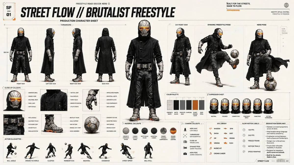 Full-body character turnaround sheet of a futuristic scout, showcasing front, side, and back views with detailed armor and glowing accents.