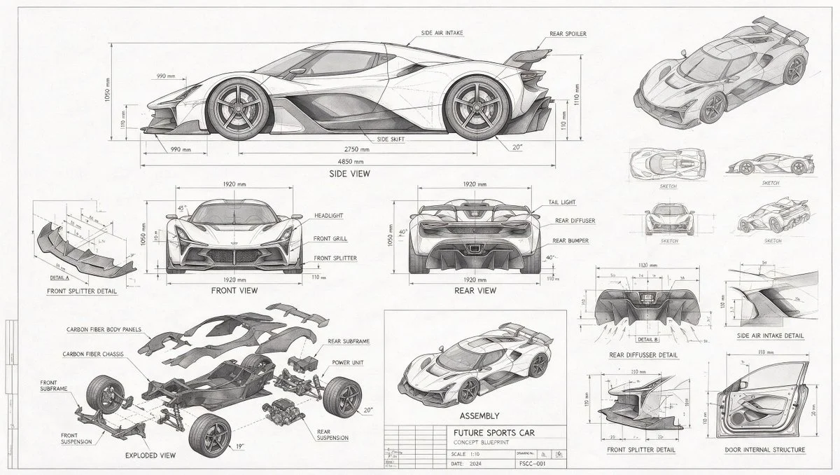 Futuristic Sports Car Blueprint with structured educational layout, readable annotations and clean visual hierarchy